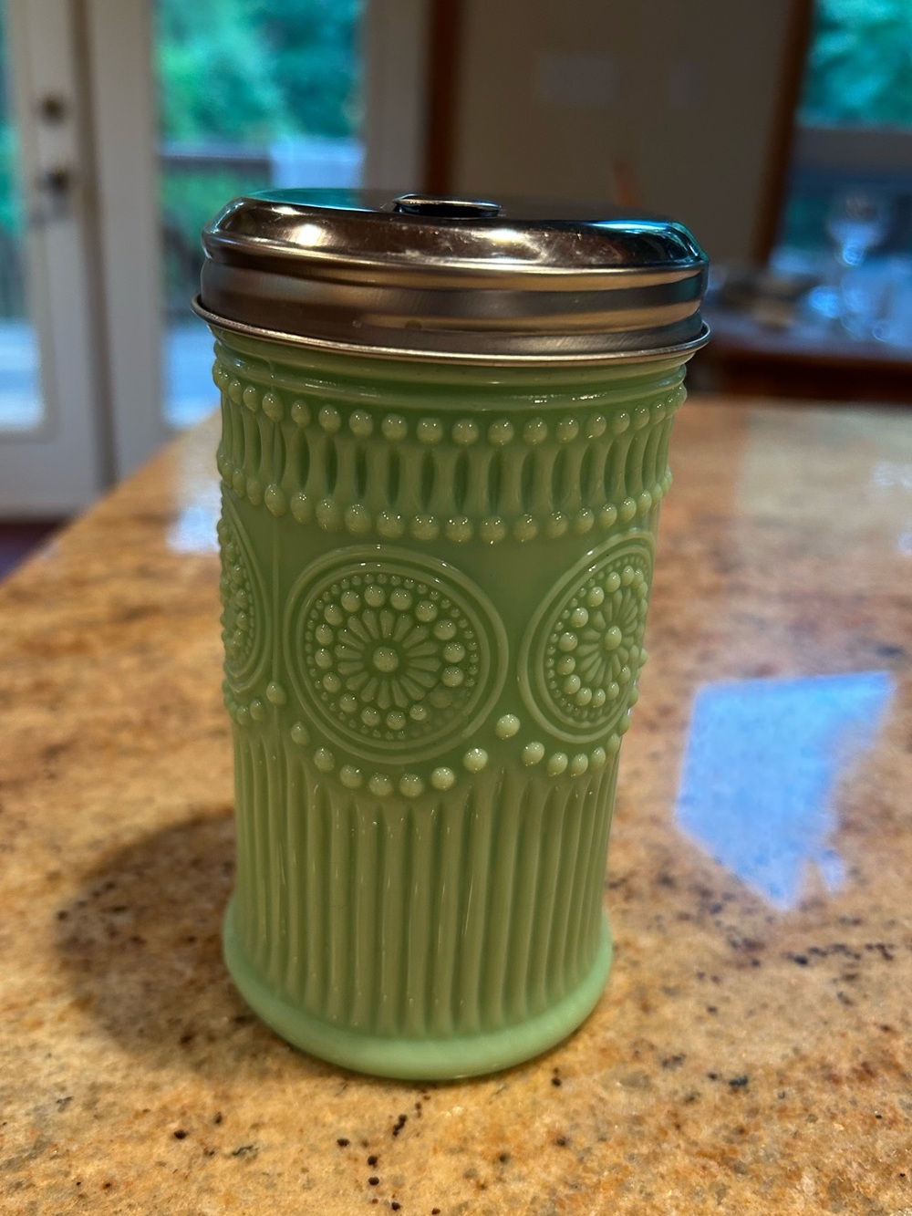 TableCraft Jadeite Glass Collection Sugar Shaker. Stainless Lid  5.75” x 3” 9 oz